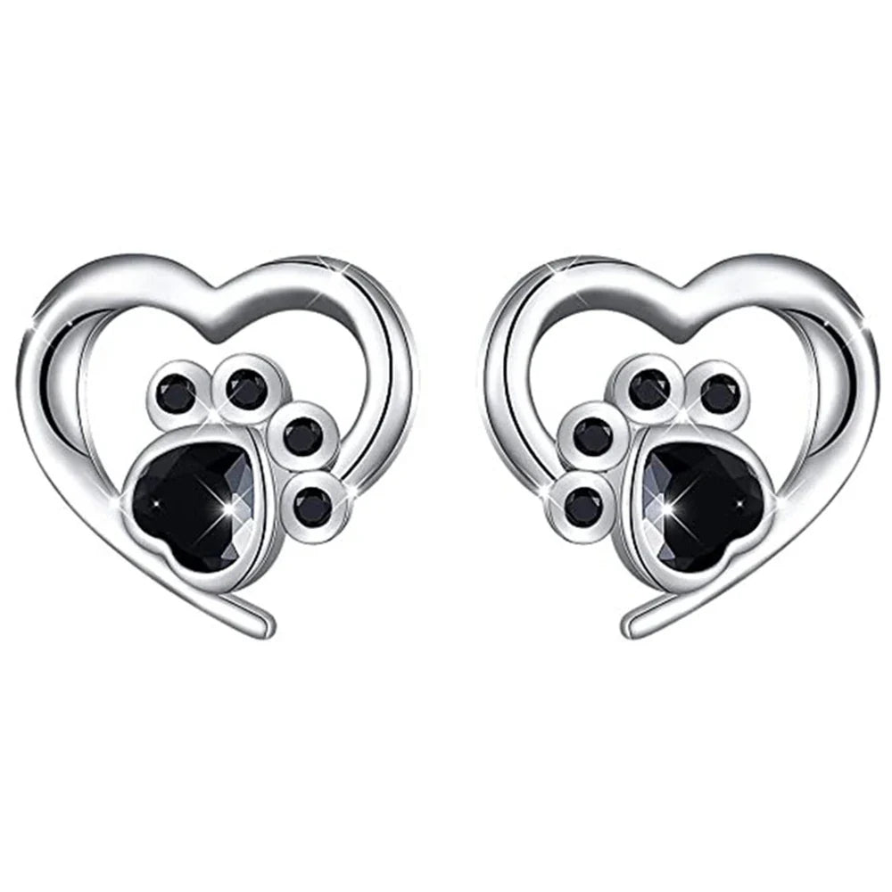 Silver Heart & Paw Crystal Studs