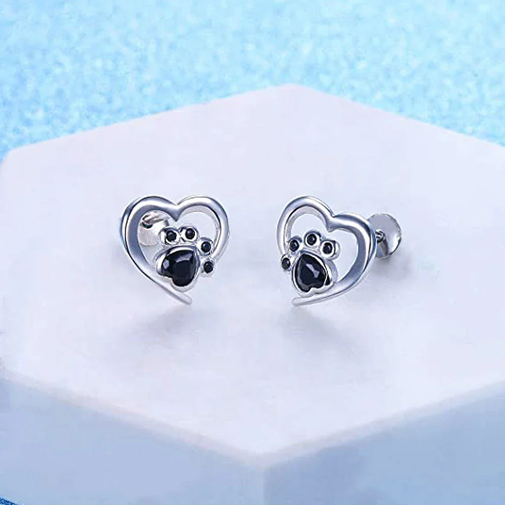Silver Heart & Paw Crystal Studs
