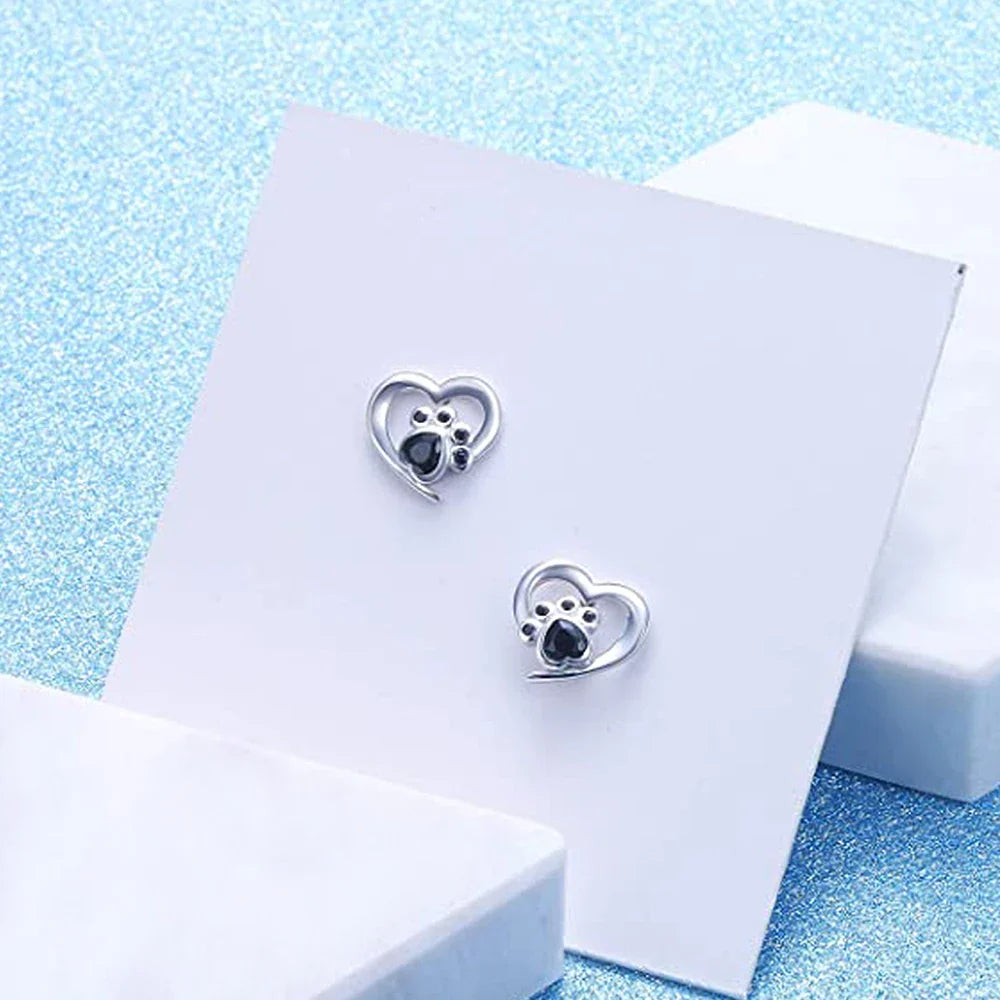 Silver Heart & Paw Crystal Studs