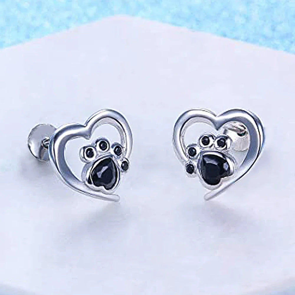 Silver Heart & Paw Crystal Studs