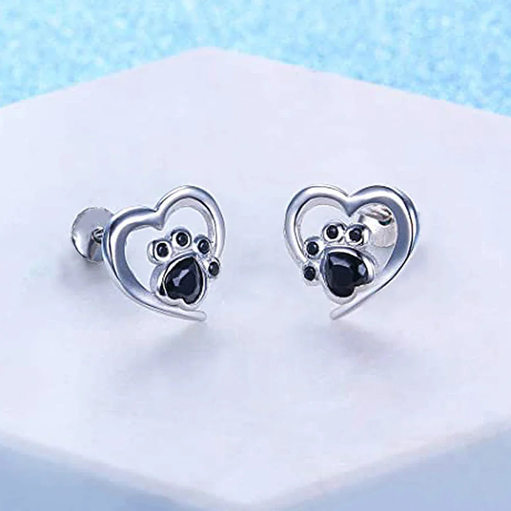 Silver Heart & Paw Crystal Studs